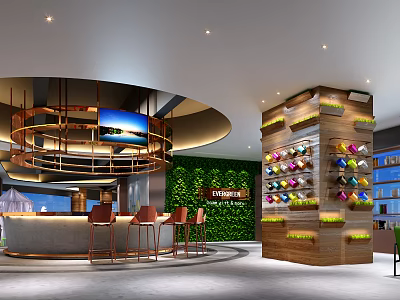 Modern Hotel Public Lounge With Green Living Wall Bar Counter And Stylish Seating 3d model