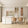 Modern Restaurant Interior With Island Table White Cabinets Rattan Chairs And Wooden Floor