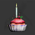 Delicious Cupcake With Lit Candle Strawberry And Green Decorations On Colorful Frosting Base