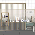 Modern Wooden Partition with Vertical Slats and Decorative Shelves Displaying Ornaments Plates and Vase