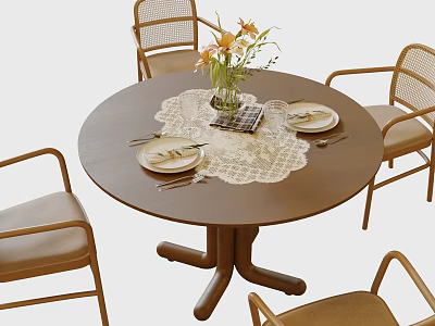Round Wooden Dining Table Set With Rattan Backrest Chairs Lace Table Runner And Flower Vase 3d model