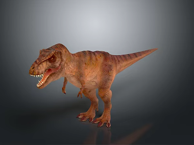 Realistic T-Rex Dinosaur 3D Model with Open Mouth Sharp Teeth Brown Striped on Gray Background 3d model