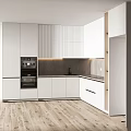 Modern Kitchen Interior With White Vertical Panel Cabinets And Black Countertop