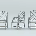 Three Bamboo Leisure Chairs With Crisscross Lattice Backrest Armrests And Light Colored Cushions