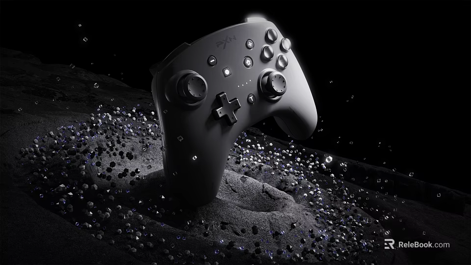 Sleek Black Wireless Game Controller With Glowing Particles On Dark Background 3d model