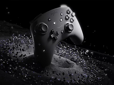 Sleek Black Wireless Game Controller With Glowing Particles On Dark Background 3d model