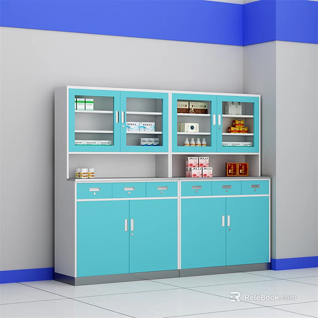 Blue Medical Storage Cabinet With Glass Doors Shelves Drawers And Organized Supplies 3d model 