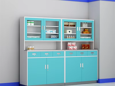 Blue Medical Storage Cabinet With Glass Doors Shelves Drawers And Organized Supplies 3d model