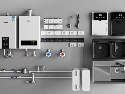 Home Plumbing Pipes With Water Heaters Faucets Valves Sinks Switches Sockets Accessories 3d model