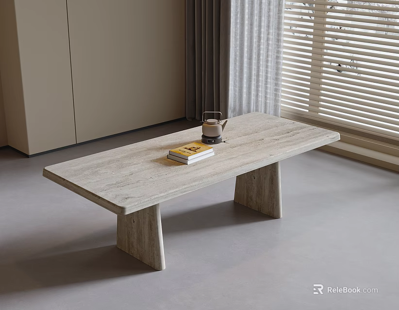 Modern Minimalist Dining Table With Simple Legs Wooden Top Teapot And Book In Bright Room 3d model 