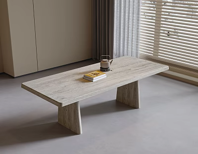 Modern Minimalist Dining Table With Simple Legs Wooden Top Teapot And Book In Bright Room 3d model