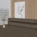 Modern Sectional Sofa In Bright Room With Wooden Wall And Abstract Line Art Painting
