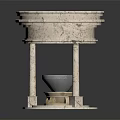 Carved Stone Decorative Pedestal Featuring Circular Top Supporting Pillars And Central Bowl