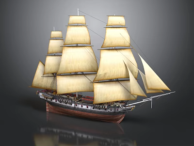 Vintage Sailing Ship With Multiple White Sails And Wooden Hull Against Gray Background With Reflection 3d model