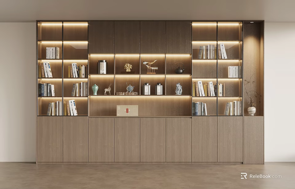 Elegant Modern Wooden Bookcase Interior With LED Lights Shelves Books And Decorations 3d model 