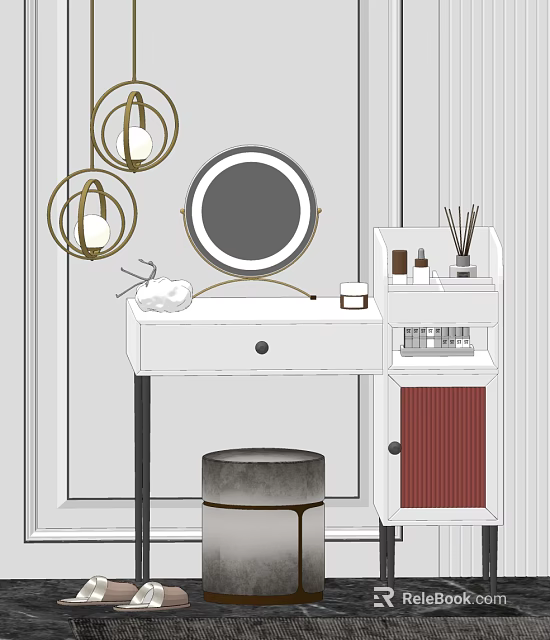 White Dressing Table With Round Mirror Gold Pendant Lights Cosmetics And Stool 3d model