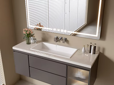 Modern Bathroom Cabinet With Mirror Countertop Sink Faucet And Flower Vase 3d model