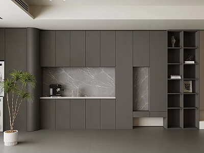Modern Kitchen Sideboard With Gray Cabinets Marble Top Open Shelves And Green Plant 3d model