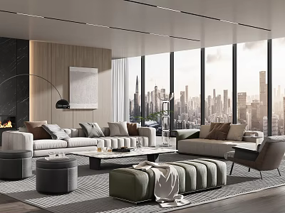 Modern Living Room Interior With Large Windows City Skyline Sofa And Coffee Table 3d model