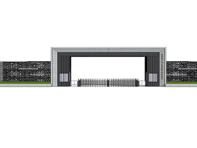 Contemporary Entrance Gate With Black Metal Fence And Decorative Stone Walls 3d model