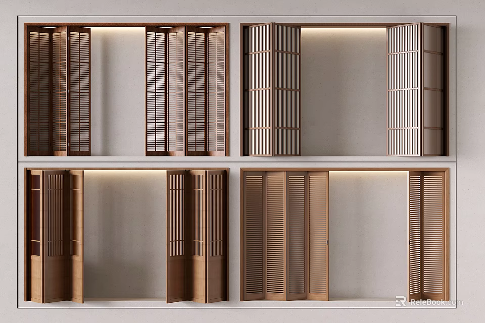 Modern Wooden Folding Doors With Various Interior Space Dividing Designs 3d model 