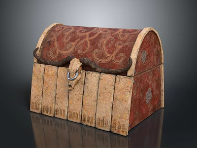 Vintage Wooden Storage Chest With Red Decorative Patterns And Metal Lock 3d model