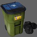 Public Facility Green Garbage Bin With Caution Sign And Black Garbage Bags