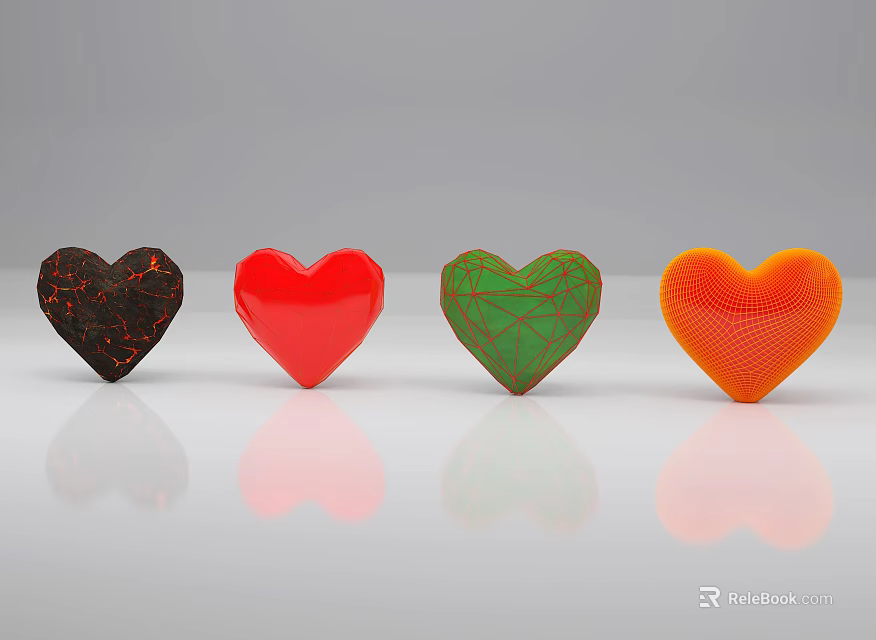 Colorful Heart Shaped Objects With Diverse Textures And Reflections On Gray Background 3d model 