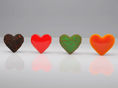 Colorful Heart Shaped Objects With Diverse Textures And Reflections On Gray Background 3d model