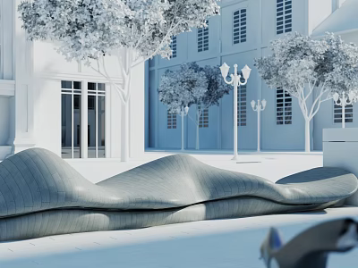 Modern Curved Landscape Seating with Trees and Street Lamps Near White Building 3d model