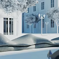 Modern Curved Landscape Seating with Trees and Street Lamps Near White Building