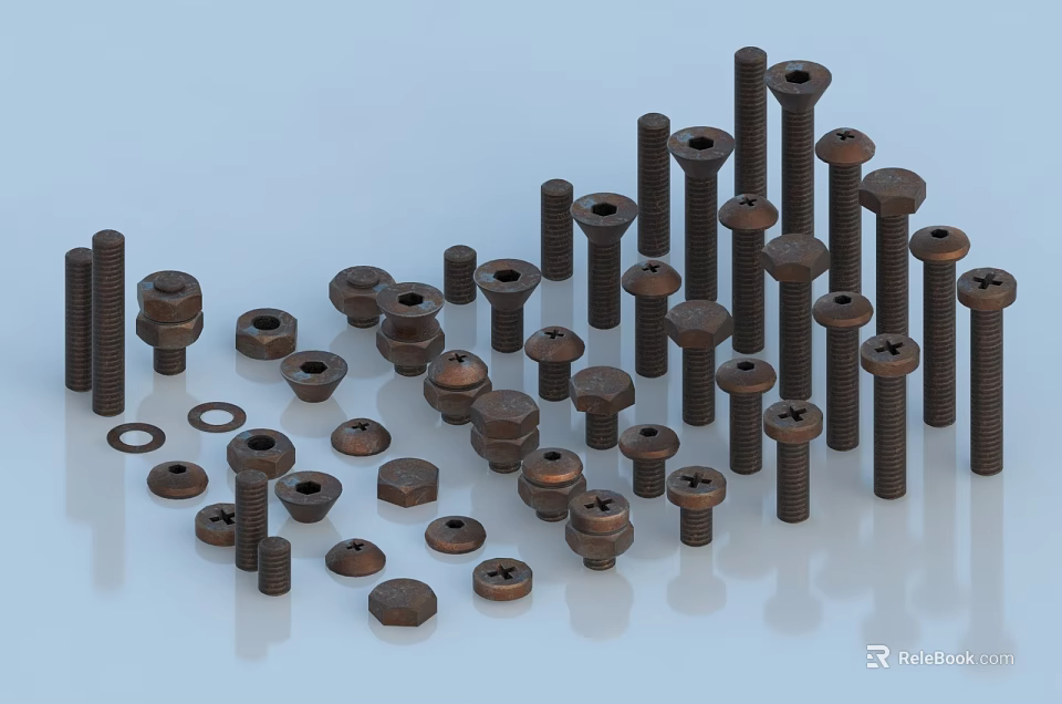 Hardware Tools Display Featuring Various Metal Bolts And Nuts In Different Sizes 3d model