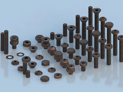 Hardware Tools Display Featuring Various Metal Bolts And Nuts In Different Sizes 3d model