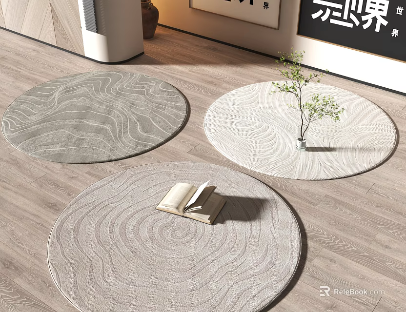 Round Rugs With Textured Patterns In Modern Interior With Book And Plant 3d model 