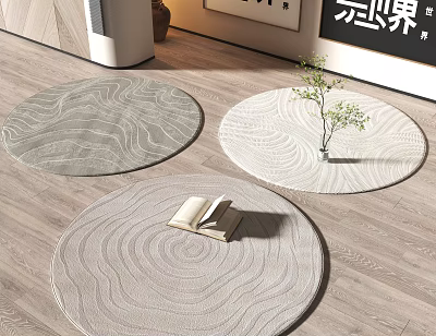 Round Rugs With Textured Patterns In Modern Interior With Book And Plant 3d model