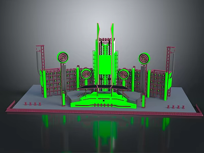 Commercial Equipment 3D Model Featuring Green Red Structure Tower Circular Decoration and Base 3d model