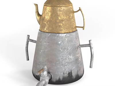 Daily Electrical Appliance Golden Kettle On Silver Base With Handles And Faucet 3d model