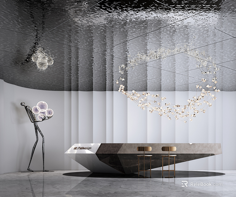 Modern Minimalist Reception Desk With Marble Countertop Art Sculpture And Ceiling Light Installation 3d model 