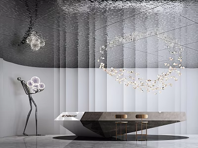 Modern Minimalist Reception Desk With Marble Countertop Art Sculpture And Ceiling Light Installation 3d model