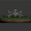 Detailed Game Character Mechanical Robot On Green Grass Circular Platform With Metal Structure And Cables