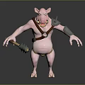 Pink Pig Warrior Creature With Spiked Shoulder Armor Leather Belt And Hammer Fantasy