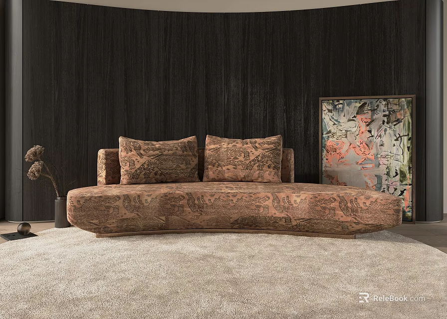 Stylish Multi Seat Sofa With Patterned Cushions Dark Wooden Wall Colorful Painting And Light Rug 3d model 