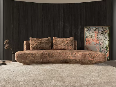 Stylish Multi Seat Sofa With Patterned Cushions Dark Wooden Wall Colorful Painting And Light Rug 3d model