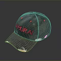 Blue Distressed Samurai Baseball Cap With Red Letters And Frayed Edges