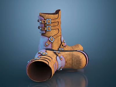 Stylish Brown Boots with Metal Buckles and Straps Crossed on Dark Background 3d model