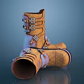 Stylish Brown Boots with Metal Buckles and Straps Crossed on Dark Background
