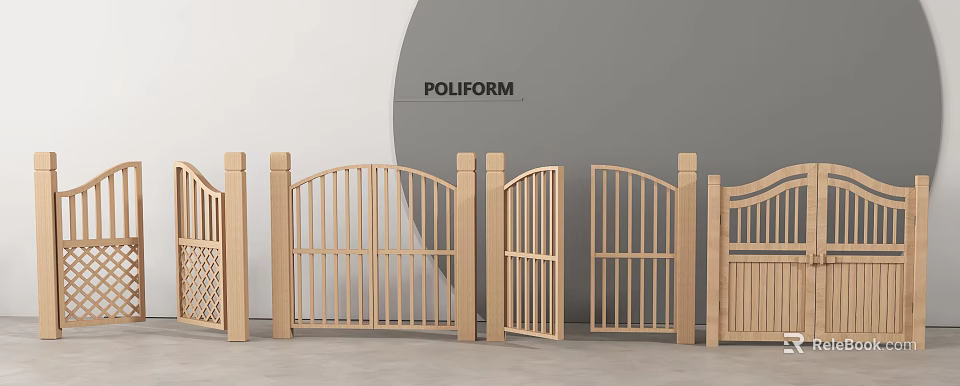Poliform Modern Wooden Gate Design With Slatted Panels And Decorative Posts 3d model