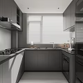Modern Kitchen Interior Design With Gray Cabinets Countertop And Window Blinds 3d model