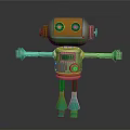 Cartoon Orange Green Robot with Round Head Eyes Control Panel and Extended Arms Legs