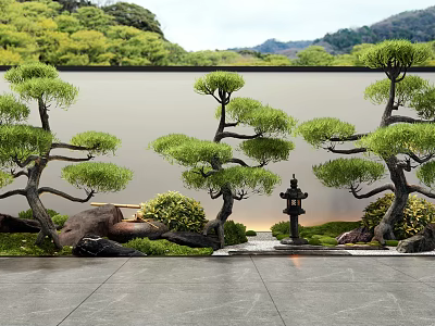 Artistic Garden Trees With Elegant Branches Green Foliage Stone Lantern And Mountain View 3d model